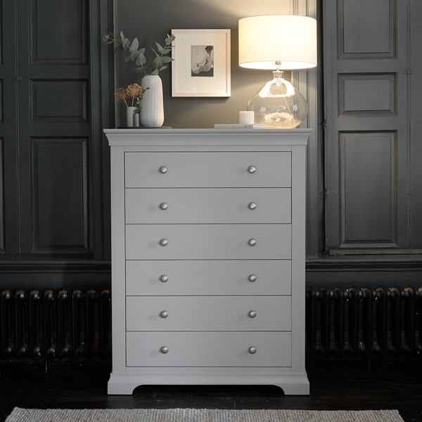 Chantilly Pebble Grey Tall 6 Drawer, Grey Tall Dresser For Bedroom