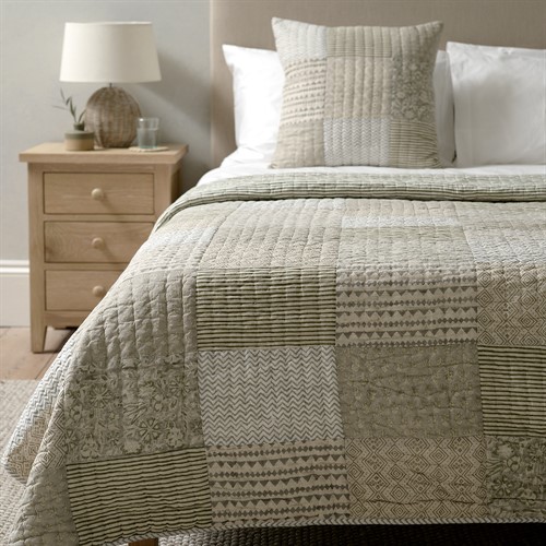 Cotton Linen Hand Block Printed Patchwork Bedspread - Olive 250x260cm