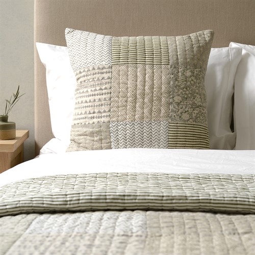 Cotton Linen Hand Block Printed Patchwork Cushion - Olive 50x50cm
