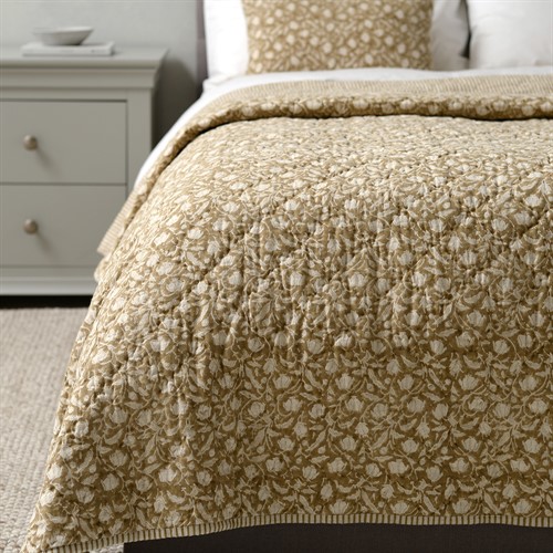Cotton Linen Hand Block Printed Bedspread Ochre 250x260cm
