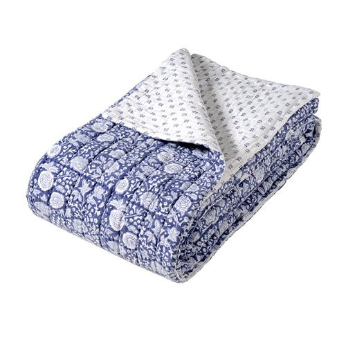 Birdlip Cotton Voile Block Printed Bedspread - Ink Blue 250x260cm