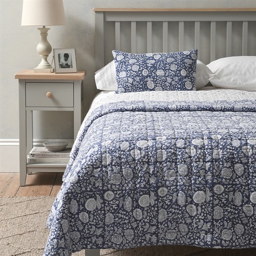 Birdlip Cotton Voile Block Printed Bedspread - Ink Blue 250x260cm