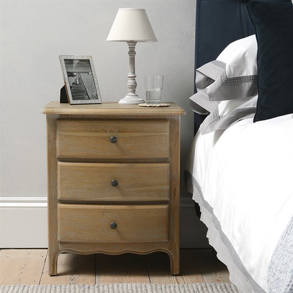 Camille Limewash Oak 3 Drawer Bedside Table