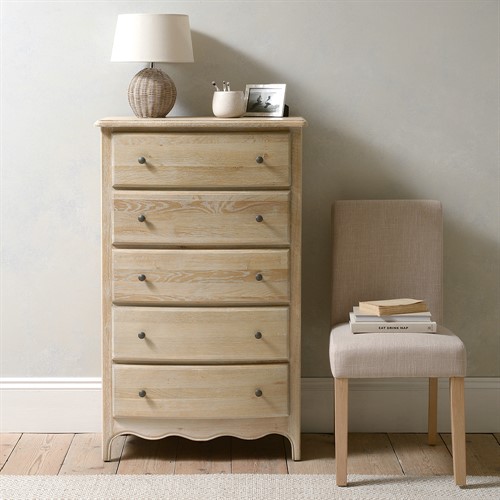 Camille Limewash Oak Tall 5 Drawer Chest