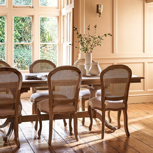 Camille Limewash Oak Extending Dining Table and 6 Rattan Chairs The