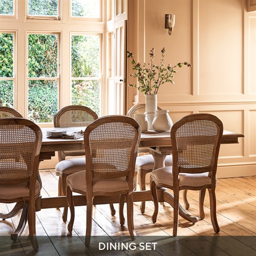 Camille Limewash Oak Extending Dining Table and 6 Rattan Chairs