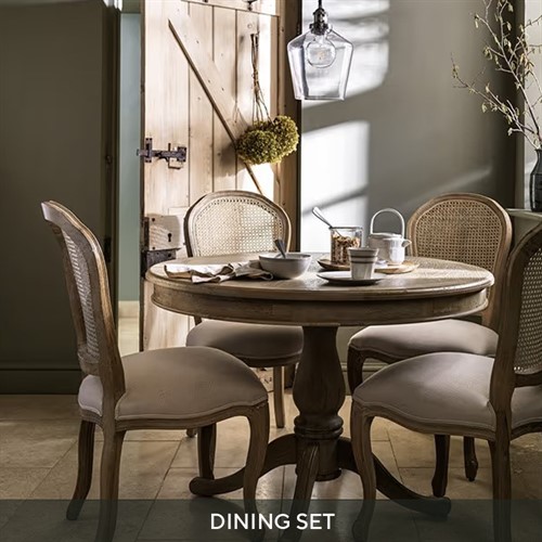 Camille Limewash Oak Round Dining Table and 4 Dining Chairs