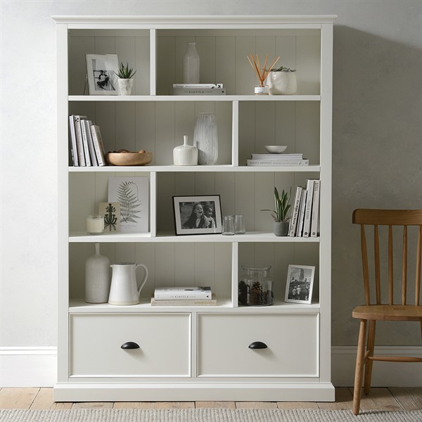 Stow Warm White Large Bookcase With, White Book Shelves With Drawers