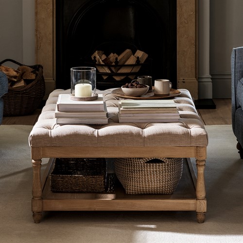 Clover Rectangular Coffee Table with Shelf- Stone Linen