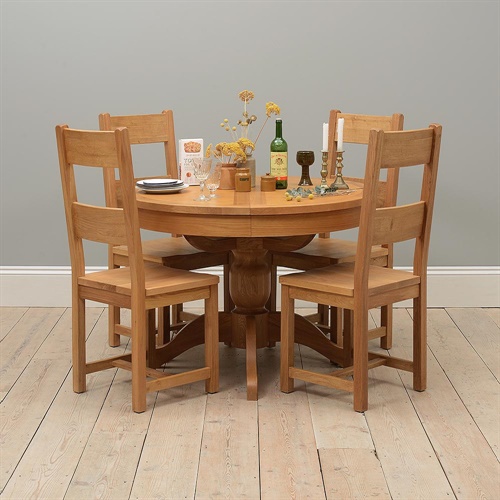 Oakland 110-145 Ext. Round Table and 4 Wooden Seat Chairs