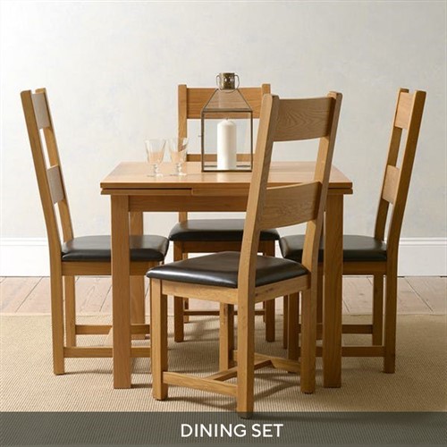 Oakland Rustic Oak Square Extending Dining Table and 4 Ladderback Dining Chairs - Leather Seat