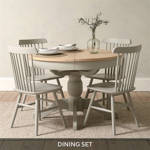 Chester Dove Grey Round Extending Dining Table and 4 Spindleback Chairs