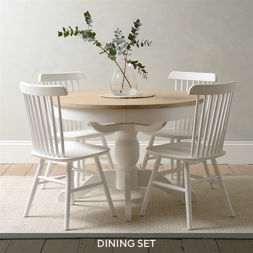 Chester Pure White Round Extending Dining Table and 4 Spindleback Chairs