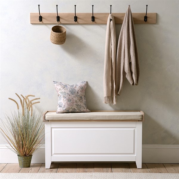 Chester Pure White Large Shoe Storage Trunk and Bench with 7 Hook Rack