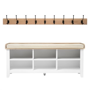 Chester White Large Open Shoe Storage Bench with  9 Hook Rack