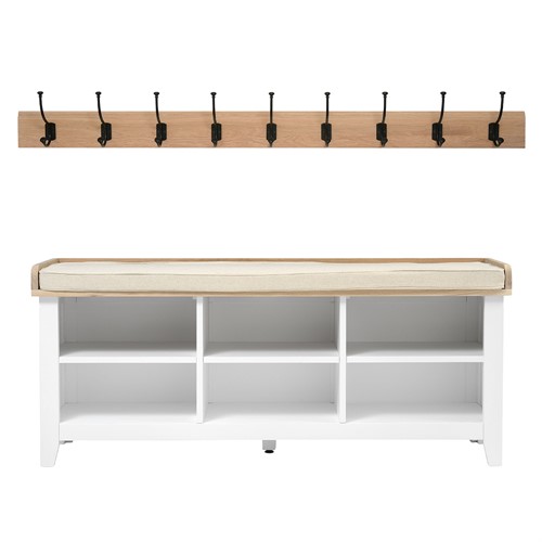 Chester Pure White Large Open Shoe Storage Bench with  9 Hook Rack