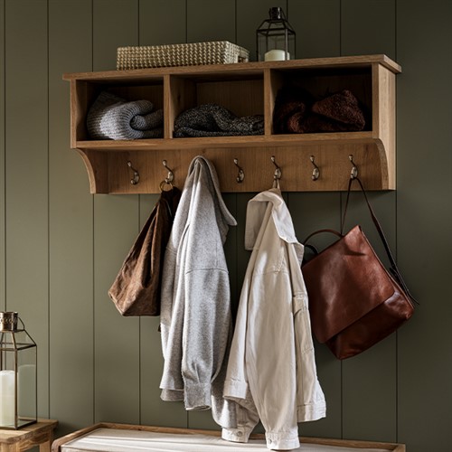 Inglesham Whitewash Oak Storage Shelf and Hooks