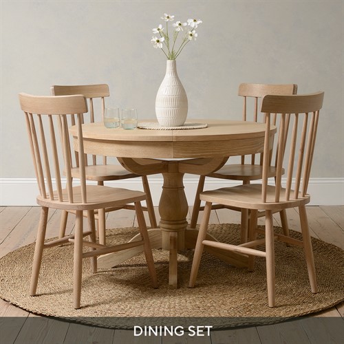 Inglesham Whitewash Oak Round Dining Table and 4 Spindleback Chairs