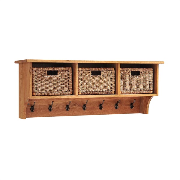 Montague Oak Wall Storage Shelf with Baskets The Cotswold Company