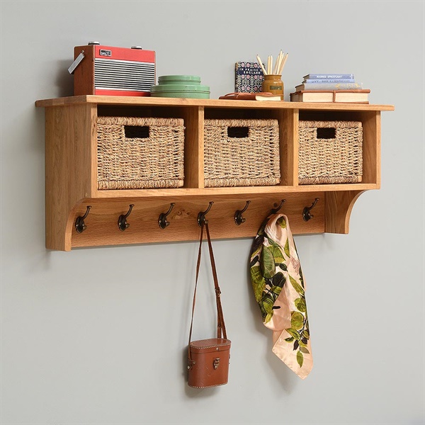Montague Oak Wall Storage Shelf with Baskets The Cotswold Company