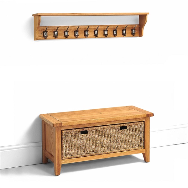 Montague Oak Single Basket Storage Bench and School Hook Set - The