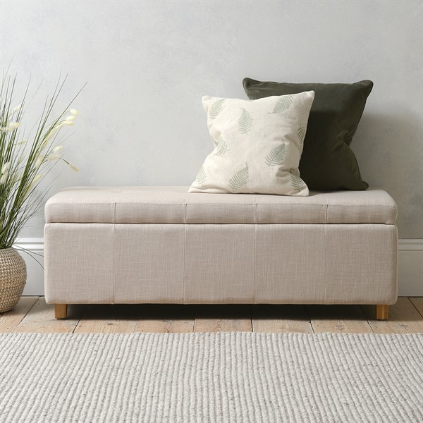 Light Oak Willow Large Buttoned Ottoman - Stone Linen