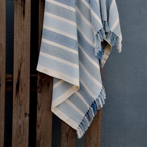 Hatton 170 x 130cm Herringbone Stripe Throw - Blue Mix - The Cotswold