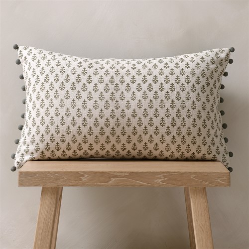 Leaf Block Print Cushion With Pom Poms -  Olive