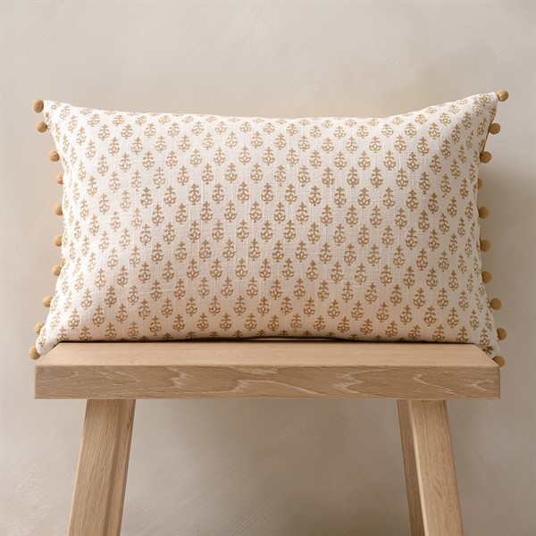 Leaf Block Print Cushion With Pom Poms Ochre Yellow The Cotswold Company