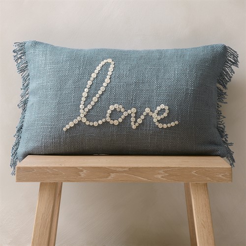 Emmaus 'Love' Fringed Cushion - Washed Denim 30x50cm