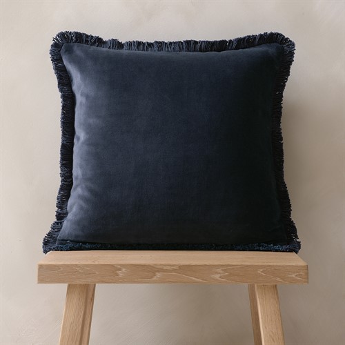 Cotton Velvet Fringed Cushion - Space Blue