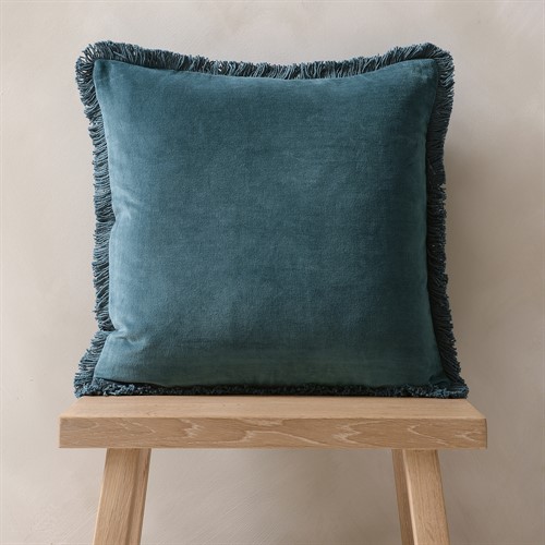 Cotton Velvet Fringed Cushion - Pottery Blue