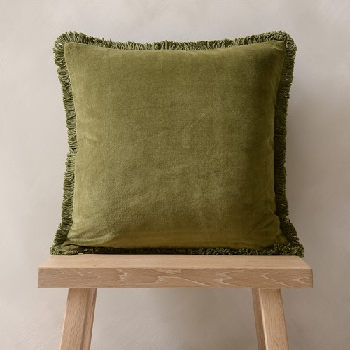 Cotton Velvet Fringed Cushion - Dark Olive