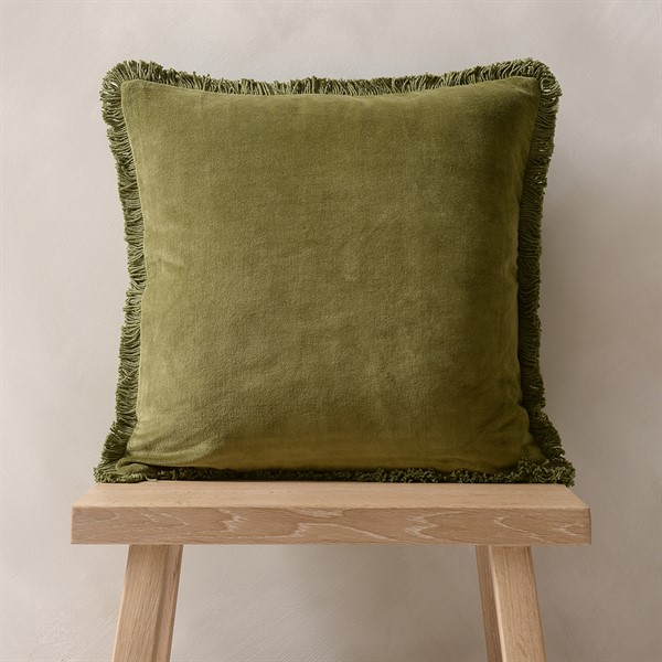 Cotton Velvet Fringed Cushion - Dark Olive - The Cotswold Company