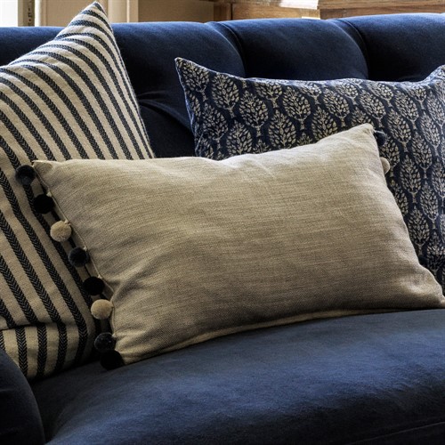 Molly Linen Cushion With Blue Pom Poms - 30x50cm