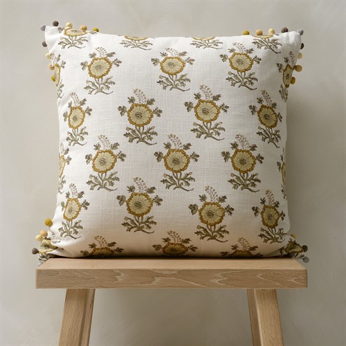 Flower Motif Cushion With Pom Poms - Cream/Ochre 50x50cm