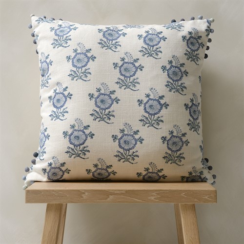 Flower Motif Cushion With Pom Poms - Cream/Blue 50x50cm