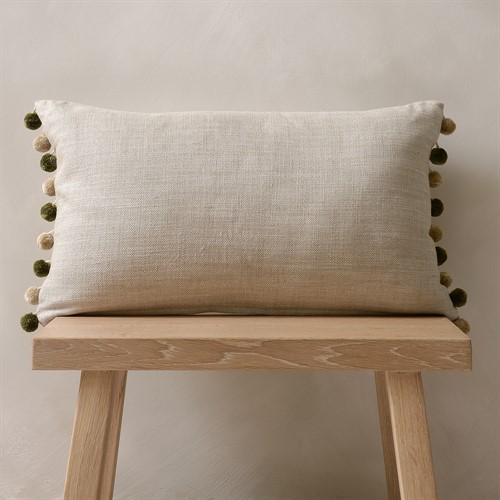 Molly Linen Cushion With Green Pom Poms - 30x50cm
