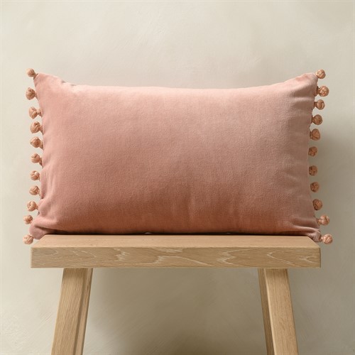 Cotton Velvet Cushion With Pom Poms 30x50cm Pale Old Rose