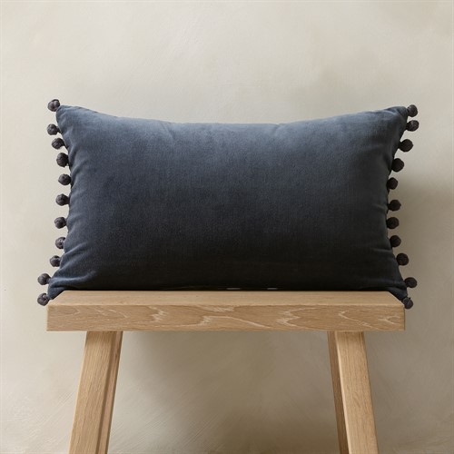 Cotton Velvet Cushion With Pom Poms 30x50cm Slate Blue