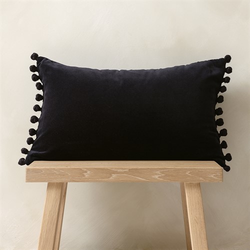 Cotton Velvet Cushion With Pom Poms 30x50cm Midnight Blue