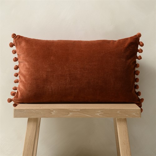 Cotton Velvet Cushion With Pom Poms 30x50cm Brick