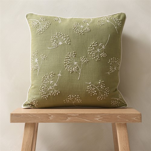 Cotton Slub Cushion with French Knots and Embroidery - Moss